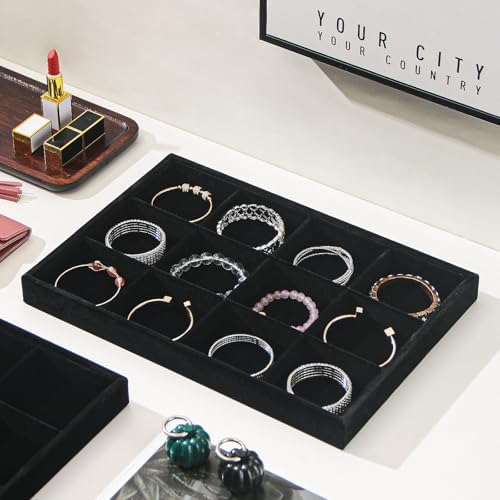 Byken 2 Pcs Bracelet Organizer Dish Tray,Stackable Jewelry Organizer Trays for Drawer,12 Grids Bracelet Jewelry Displays for Selling(Black)