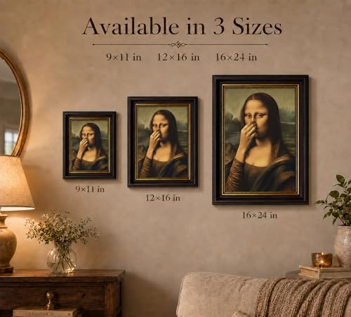 CXKAWM Brown Framed Funny Mona Lisa Holding Nose Bathroom Wall Art 12x16in | Mona Lisa Bathroom Wall Decor Picture Humor Amusing Toilet Poster Print for Restroom Bathroom Home decoration