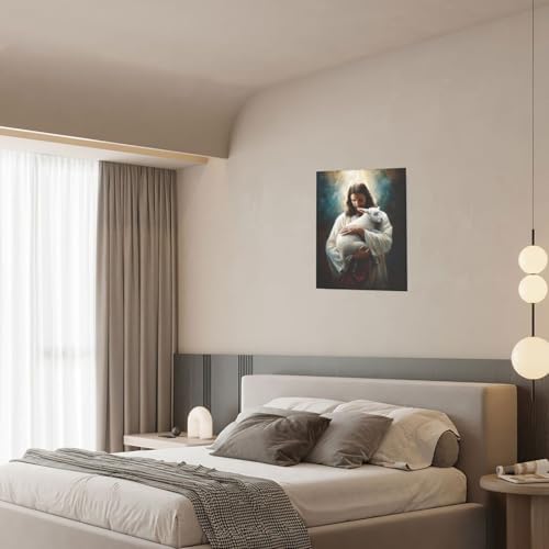 Jesus and Lamb Wall Decor Pictures Jesus with Lamb Wall Art Religious Christian Canvas Prints Painting God Faith Artwork Decoration for Bathroom Bedroom Living Room Framed Gifts 12"x16"