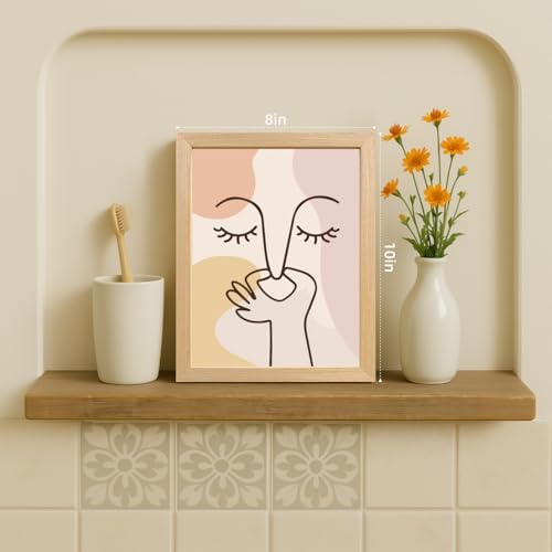 Cyebmo Boho Funny Bathroom Wall Art, Abstract Minimalist Face Line Art Wall Decor, Neutral Aesthetic Art Print, Modern Beige Poster Painting for Bedroom Living Room Wood Framed 8x10 Inch