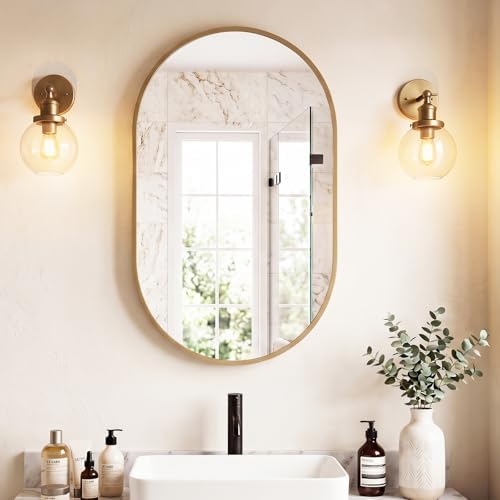 Sweetcrispy Oval Bathroom Wall Mirror, Vanity Mirror, 24x36 Inch | Metal Frame Tempered Glass, Over Sink Living Room, Bedroom Entryway Hang, Horizontal or Vertical, Gold