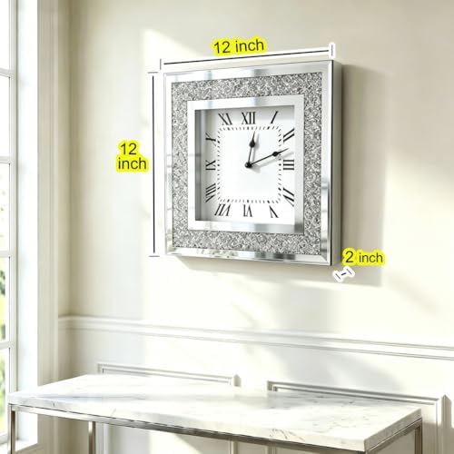 Crystal Crush Diamond Mirrored Square Wall Clock with Sparkle Twinkle Bling Diamond Decor for Wall Decoration, 12x12inch Decorative Silver Mirror Quartz Clock for Home Decor. AA Battery not included