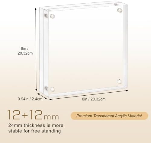 AMEITECH Acrylic Picture Frame 8x8-2 Pack, Clear Double Sided Frameless Photo Frame with Magnetic, Free Standing Desktop Acrylic Frame Display, Lucite Frame with Gift Box Package, 12+12mm Thickness