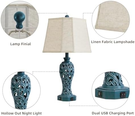 25'' Farmhouse Table Lamps Set of 2 for Bedroom with USB C+A Ports