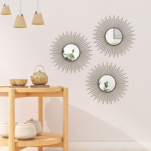 3 Pack Metal Mirrors for Wall Sunburst Wall Mirrors Home Décor Decorative Hanging Wall Art for Living Room Bedroom Entryway (Black2, Sunburst)