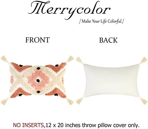 Merrycolor Boho Lumbar Pillow Covers 12×20 Tufted Pink Throw Pillow Covers with Tassels Modern Accent Bohemain Small Decorative Pillows for Bed Couch Sofa