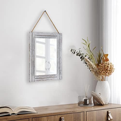 12 x 16 in Wall Decorative Mirror, Rustic Wood Frame Rectangular Mirror with Hanging Rope for Entryway, Bedroom, Guest Bathroom, Living Room, Bedroom - Grey