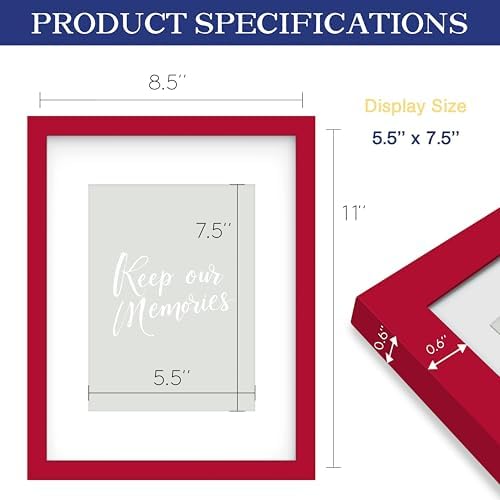 An&He 8.5x11 Picture Frame, Wooden Frame with Tempered Glass for Wall Mount or Desk Display, Home & Office Use – Red