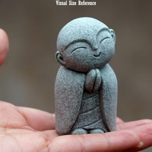 Jizo Statue, Little Monk Buddha Figurines for Zen Garden and Aquarium, Natural Sandstone Sculpture with Tilt Smile, Meditation Decor for Home Office Desk, Grey (Jizo Monk)