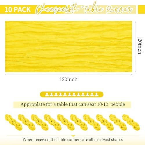 10 Pack Yellow Table Runner 10Ft Cheesecloth Table Runner Boho Gauze Table Runners Romantic Long Sheer Fabric Cheese Cloth Table Runners for Wedding Party Bridal Shower(Yellow)