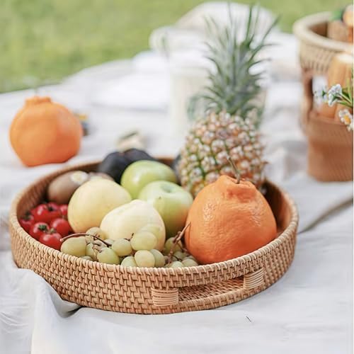14" Round Rattan Tray, Hand Woven Serving Tray with Handles, Wicker Serving Basket, Decorative Tray for Home Decor, Natural