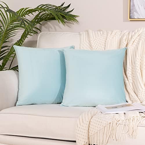 Stellhome Powder Blue Velvet Throw Pillow Covers 18x18 inch, Decorative Solid Soft Cushion Cases for Couch Sofa Bed, Pack of 2