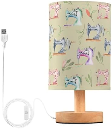 Table Lamp Watercolor Sewing Machine and Floral Pattern Nightstand Lamp with Wood Base Fabric Lamp Shade Bedside Desk Lamp for Living Room Bedroom Kids Room Office
