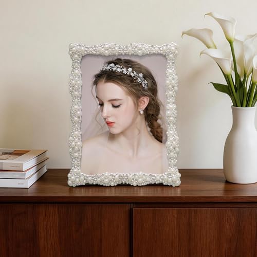 DIKAR 6x8 Picture Frame with Pearl for Wedding, Silver Plated with HD Acylic Finish Photo Frames with Rhinestones for Horizontal and Vertical Decor Tabletop Display