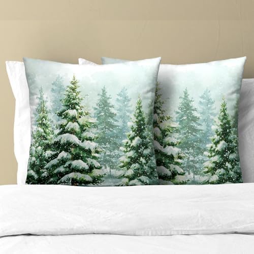 2 Packs Winter Snowy Pine Tree Throw Pillow Covers 20x20 inch for Christma Snow Forest Snowflakes Decorative Cushion Cases Winter Atmosphere Holiday Pillowcase for Home Sofa Patio