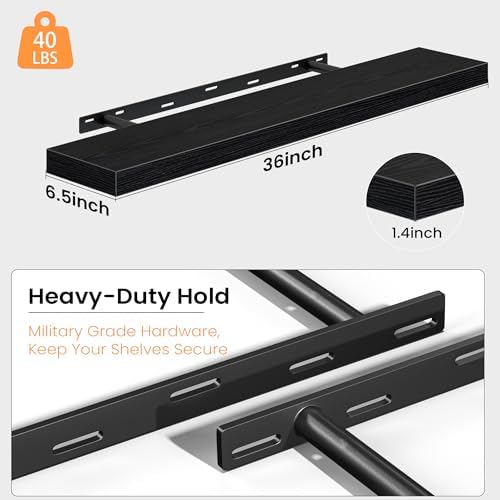 36 Inch Floating Shelves for Wall, Rustic Wood Wall Mounted Deep Storage Shelves with Invisible Brackets, Large Decorative Display Ledge for Living Room Bedroom Bathroom and Kitchen, Set of 2, Black