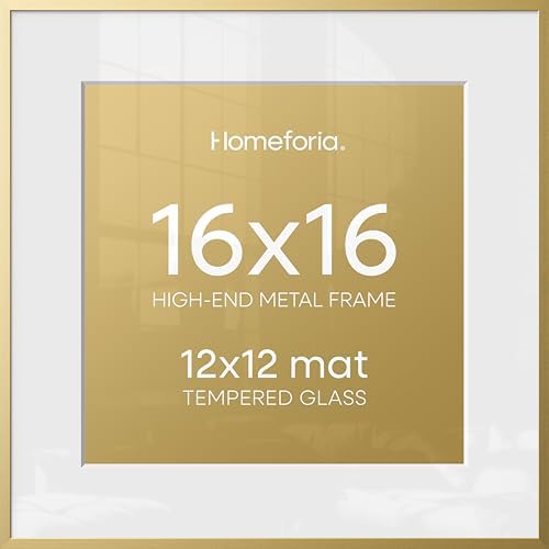 Homeforia 16x16 Gold Picture Frame, High-End Metal, 12x12 Mat, Glass