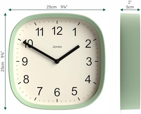 JONES CLOCKS® Sprite wall Clock | Modern Retro Rounded Square Clock | 10" | Neo Mint Green | Easy to Read Numbers | Perfect for Kitchen or Office