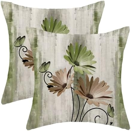 Sage Green Brown Floral Pillow Covers 18 x 18 Inch Set of 2 Daisy Floral Butterfly Decorative Throw Pillow Covers Linen Rustic Farmhouse Cushion Cases for Home Sofa Couch Living Room Decor