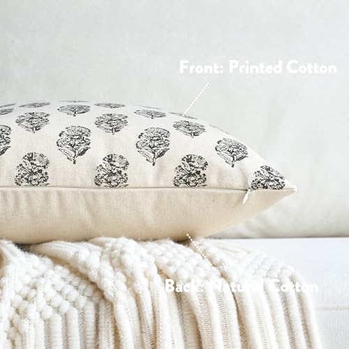 FIOUOVO Floral Vintage Throw Pillow Covers 18x18 Pillow Cover Block Print Decorative Cushion Covers Farmhouse Neutral Accent Home Décor for Sofa Couch Living Room Bedroom, 1PC, Charcoal Black