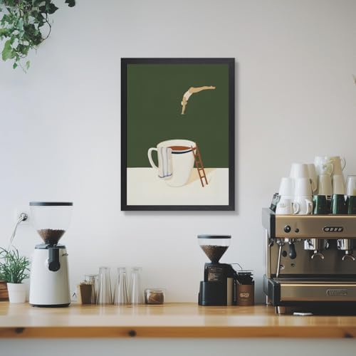Cyebmo Modern Coffee Wall Art, Funny Diver Wall Decor, Vintage Kitchen Wall Decor, Minimalist Cafe Canvas Painting, Green Abstract Espresso Artwork for Kitchen Cafe Coffee Bar Wood Framed 12x16 Inch