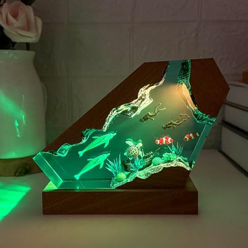 Handmade Dolphin Ocean Resin Lamp with Wooden Base