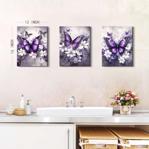 Purple Butterfly Wall Art Bathroom Decor Abstract White Flowers Pictures Purple Bedroom Decor Butterfly Canvas Prints Paintings Wildflower Landscape Artwork for Living Room Home Decoration 12x16" 3Pcs