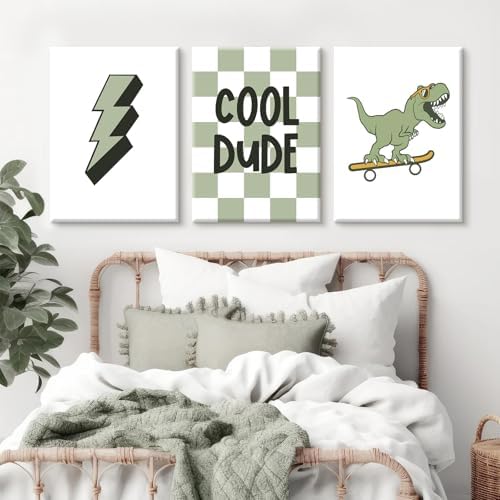 Nursery Dinosaur Wall Art Set of 3 Boys Room Canvas Decor Toddler Kids Art Prints Dinosaur Skateboard Pictures Poster Boys Dino Artwork Decor for Bedroom 12x16 Inch Unframed