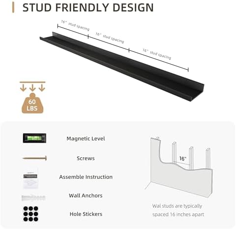 Acovy Picture Ledge Shelf, Wood Long Floating, Set of 2, 56 inch, Black