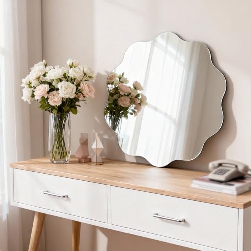 16 inch Decorative Scalloped Circle Mirror for Wall Decor | High Clear Glass Round Wavy Mirror with Double-Sided Taps, Frameless Squiggle Mirror for Bathroom, Bedroom, Living Room