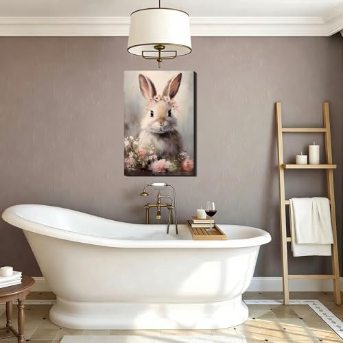 Large Vintage Bunny Wall Art Canvas Prints - Easter Rabbit Floral Framed Painting for Living Room Entryway Wall Decor,Simple Spring Decorations, Bedroom Artwork Picture