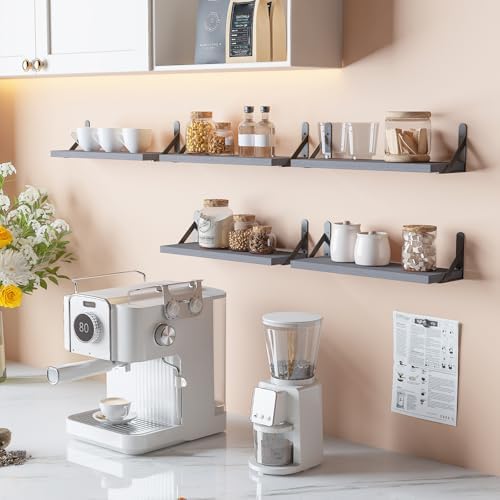 YGEOMER 16.5in Floating Shelves for Wall Home Decor, Wood, Grey, Set of 6