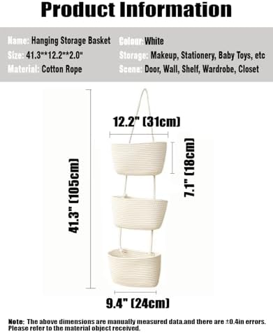 AARAINBOW Wall Hanging Cotton Baskets, Large 3 Tier Decorative Basket for Wall, Nursery, Bathroom, Boho Organizing (B-White)