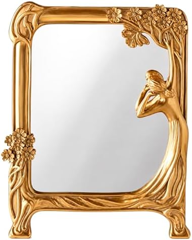 Vintage Gold Mirror Desk Decor -Antique Small Vanity Decorative, Rectangle | Table Art Nouveau with Stand, Cute Princess Frame, Tabletop Office Bedroom Furniture Room Bathroom Home Wall Accessories