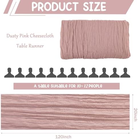 3 Pack 120 Inch Dusty Pink Cheesecloth Table Runner Boho Rustic Gauze Sheer Romantic 10 FT Long Cheese Cloth Table Runner for Bridal Baby Shower Wedding Party Birthday Holiday Home Easter Decor