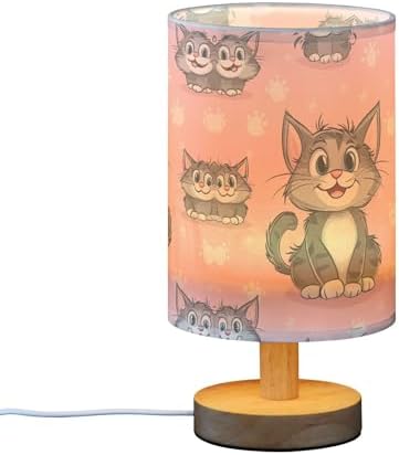 Cute Cat on Pink Table Lamp with Wood Base Fabric Lamp Shade Bedside Nightstand Desk Lamp for Living Room Bedroom Kids Room Office