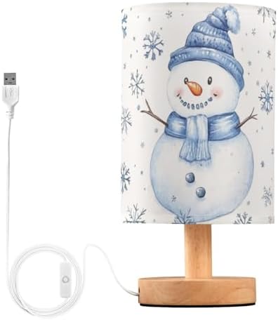 Cute Snowman Snowflake Blue and White Winter Bedside Table Lamps with USB Port for Bedroom Lamp Accent Table Lamp Small Nightstand Lamp Sturdy Linen Shade Wooden Decorative Lamps for Kids|Dorm|Home