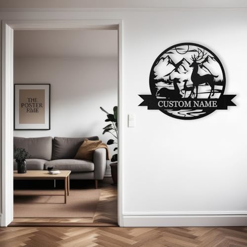 Dyoart Personalized Deer Metal Wall Art, Custom Family Name Cabin Sign | Custom Metal Signs Outdoor, Mountain Wall Decor for Modern Home Farmhouse Hanging Decorations, Deer Hunter Housewarming Gifts