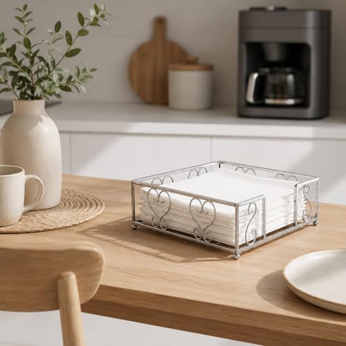 Flat Napkin Holder for Table, Silver Metal Weighted Paper Caddy