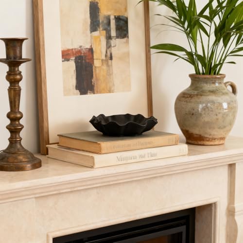 Small Black Ceramic Decorative Bowl, Modern Home Decor Centerpiece 7.8 Inches Key Jewelry Ruffle Fluted Scalloped Bowl with Wavy Edge