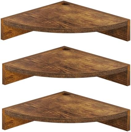 Fun Memories Corner Shelf Wall Mount, Wood Floating Corner Shelves, Corner Wall Shelf for Bedroom, Bathroom, Kitchen, Living Room (Brown, 3 Pack)