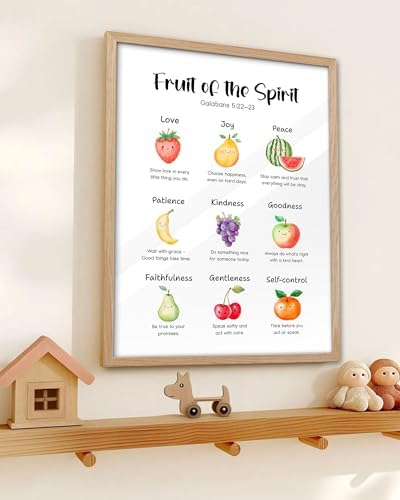KensTro 12x16 Oak Framed Fruit of the Spirit Scripture Wall Art | Natural Oak Wood Frame with Galatians 5:22-23 Fruit Illustrations, Inspirational Christian Decor for Bedroom or Prayer Space