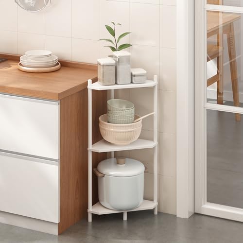 Wisuce White Small Corner Shelf Stand, 3-Tier Bamboo Corner Bookshelf