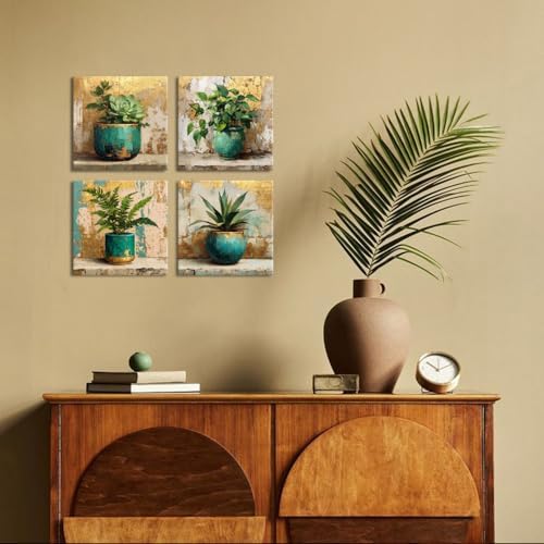 AIYISU Green Botanical Wall Art Green and Gold Bathroom Wall Decor Farmhouse Succulent Plant Pictures Vintage Rustic Tropical Canvas Prints Artwork for Living room Office Home Decorations 12x12 4Pcs