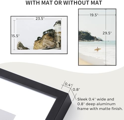 20x30 Metal Picture Frame with 16x24 Mat, Brushed Aluminum Finish, Tempered Glass Front, and Attached Hanging Hardware - Wall Display Frames for Vertical or Horizontal Orientation - Black