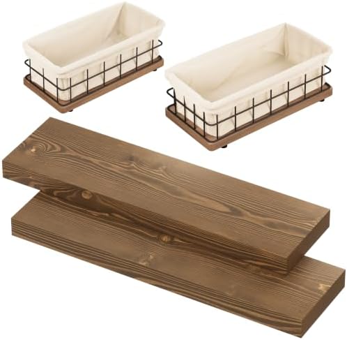 BAOBAB WORKSHOP Bundle - 2 Items: Wood and Wire Baskets with Floating Shelves for Bathroom Decor, Toilet Paper Storage, Living Room Bedroom and Kitchen
