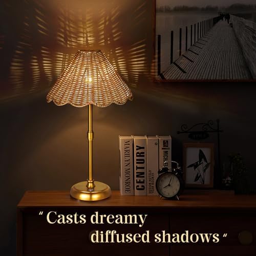 Cordless Boho Rattan Table lamp, 5200-mAh Rechargeable Battery, 3-level Brightness Dimmable, Build-in Integrated LED 320 Lumen Max, Rattan Shade, for Bedside Restaurant Resort Hotel Dining Table