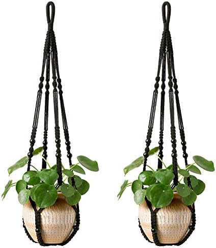 Mkono Macrame Plant Hanger Indoor 35 Inch Hanging Planter Basket Black 2Pc