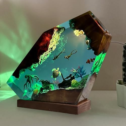 Handcrafted Octopus Resin Lamp, RGB Ocean Lamp with Wooden Base