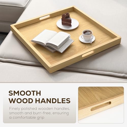 Axeman 22 Inch Large Square Wooden Ottoman Tray for Living Room|Extra Large Serving Tray with Handles for Coffee Table, Breakfast|Decorative Wood Tray for Ottoman Couch Sofa Kitchen|Natural